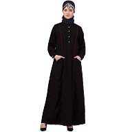 Designer abaya with piping on front-Black-red